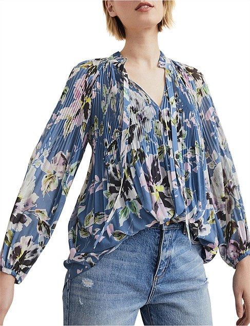 Witchery pleated sheer blue floral top | size 10