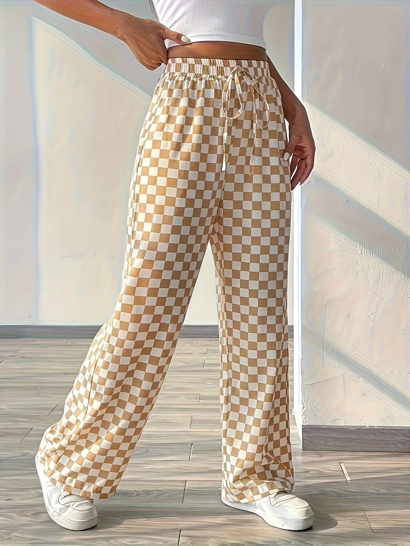 Wide-leg beige checkered pants | size 10