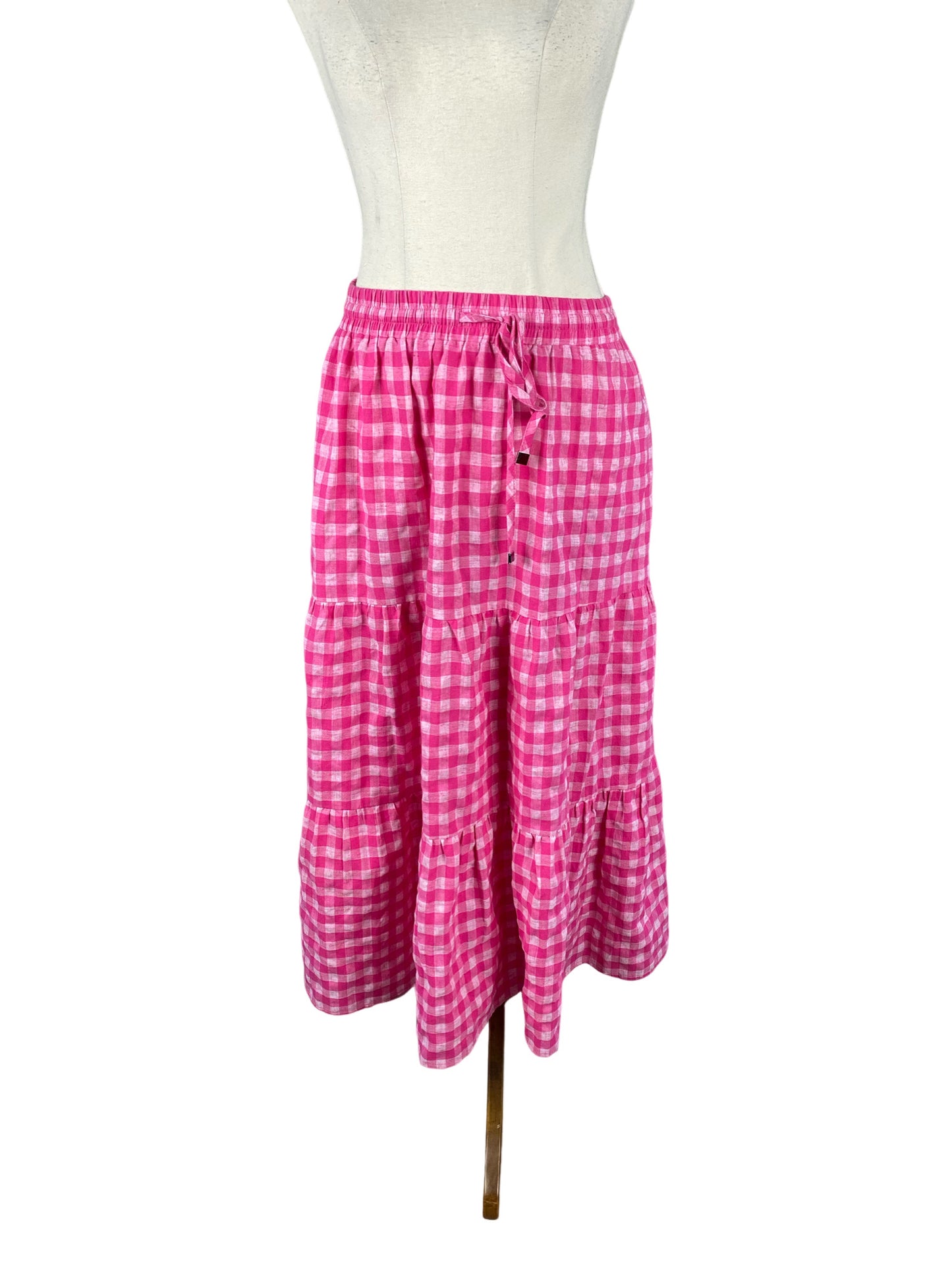 eb & Ive gingham linen-blend pink midi skirt | size 6-8