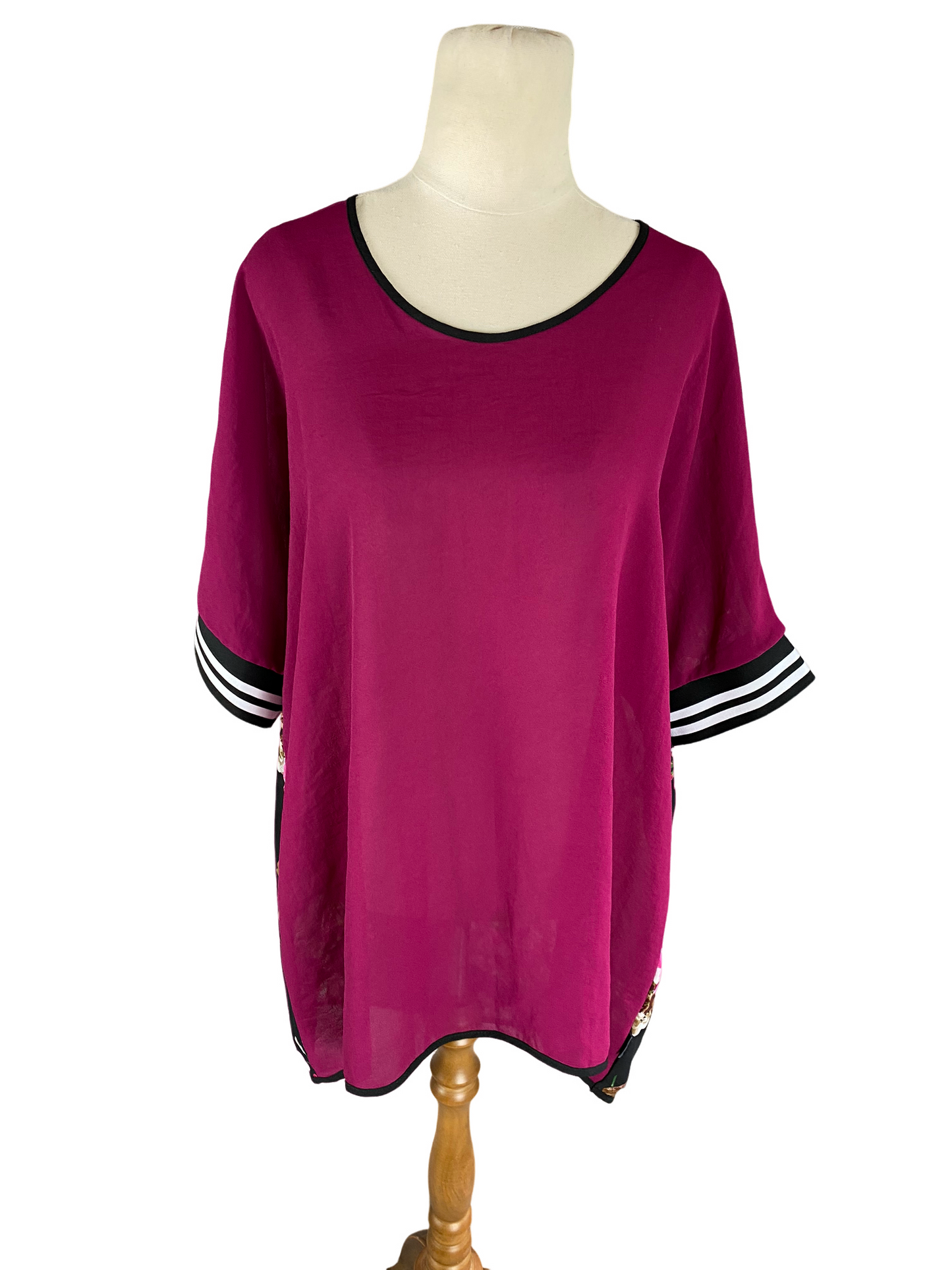 Jellicoe NZ sheer top purple front, floral back | size small