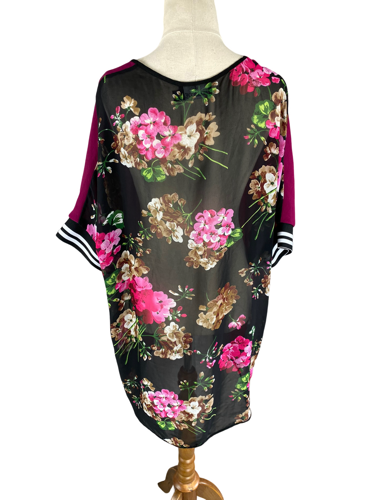 Jellicoe NZ sheer top purple front, floral back | size small