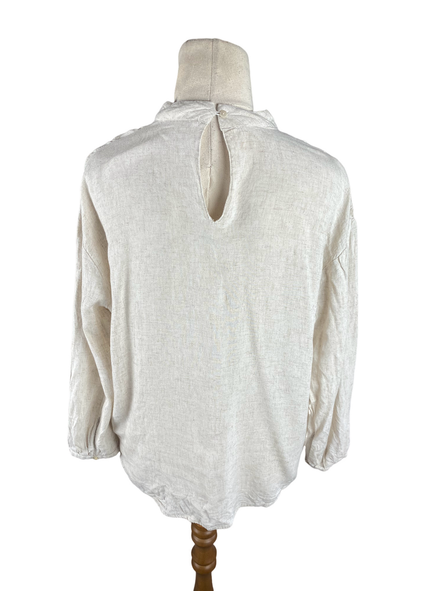 Zara beige with flower detail linen-blend long sleeve top | size 8
