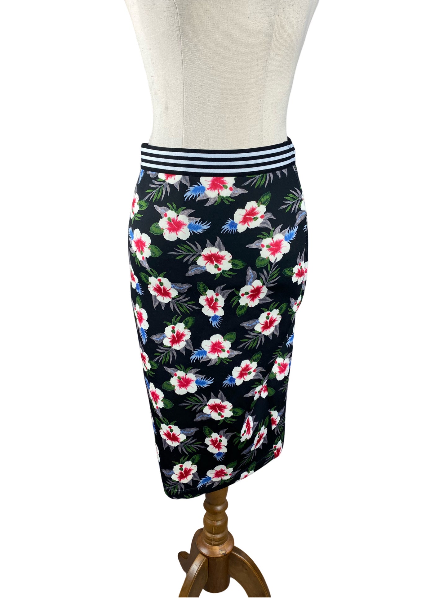 French Connection floral midi skirt with stripe waist | size 8