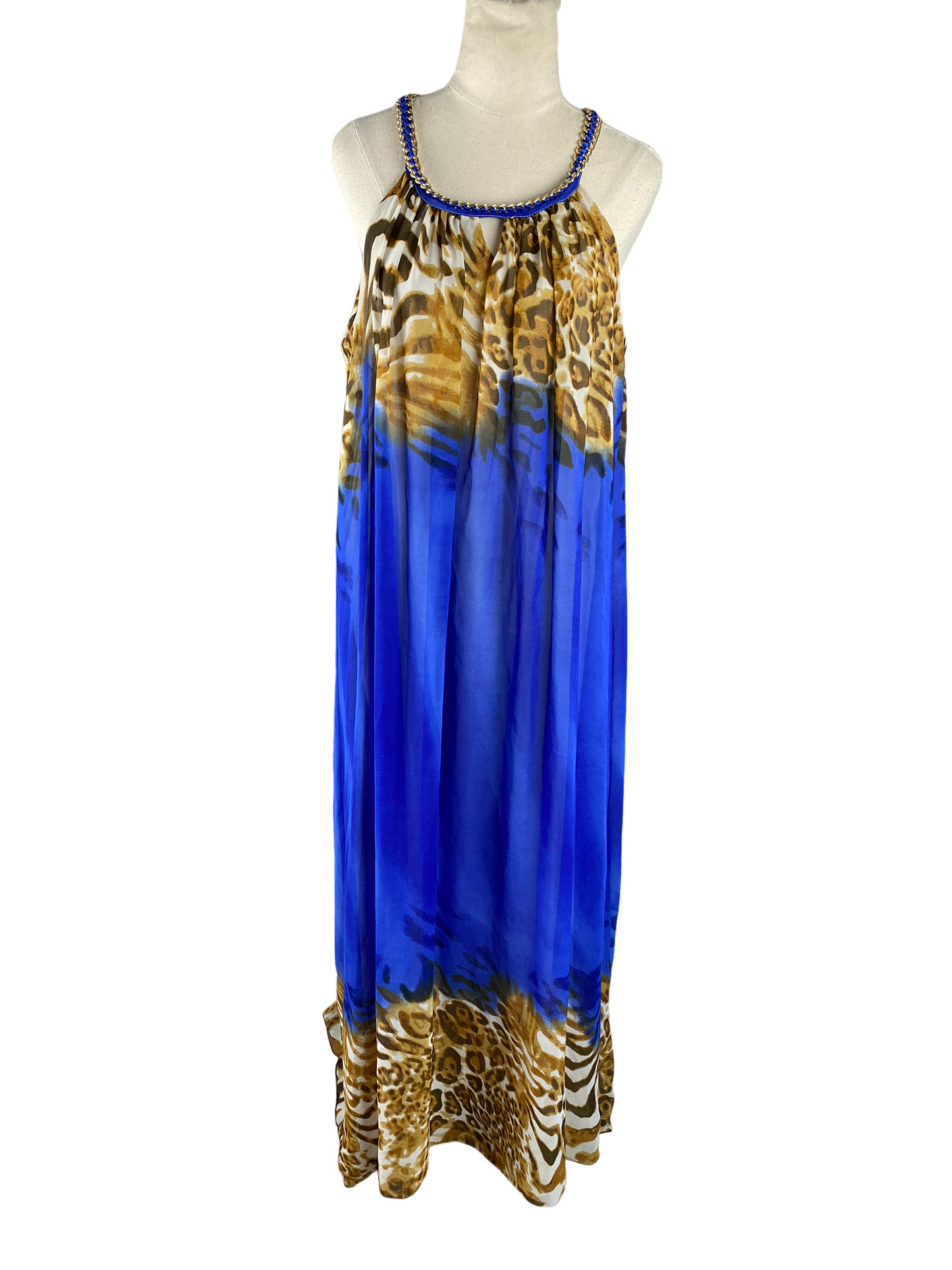 Mack blue pattern maxi dress with gold trim detail | size 10