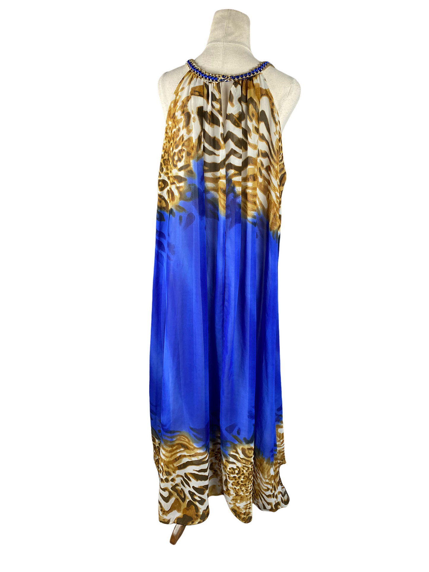Mack blue pattern maxi dress with gold trim detail | size 10