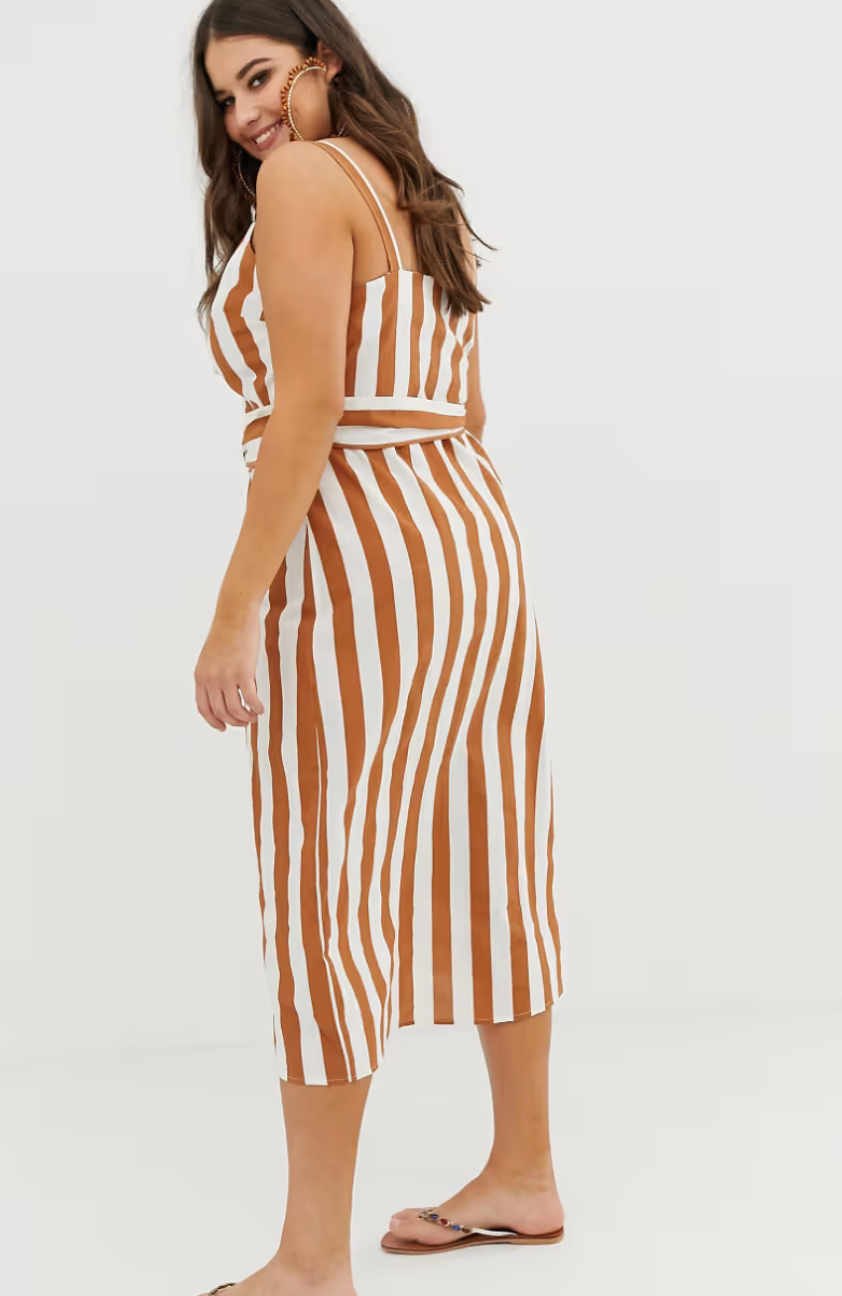 ASOS DESIGN Curve wrap midi dress with buckle belt in stripe | size 22