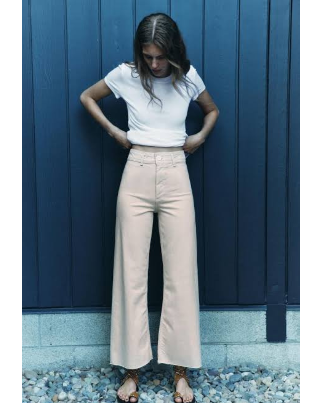 zara beige high waist jeans wide leg raw hem | size 10