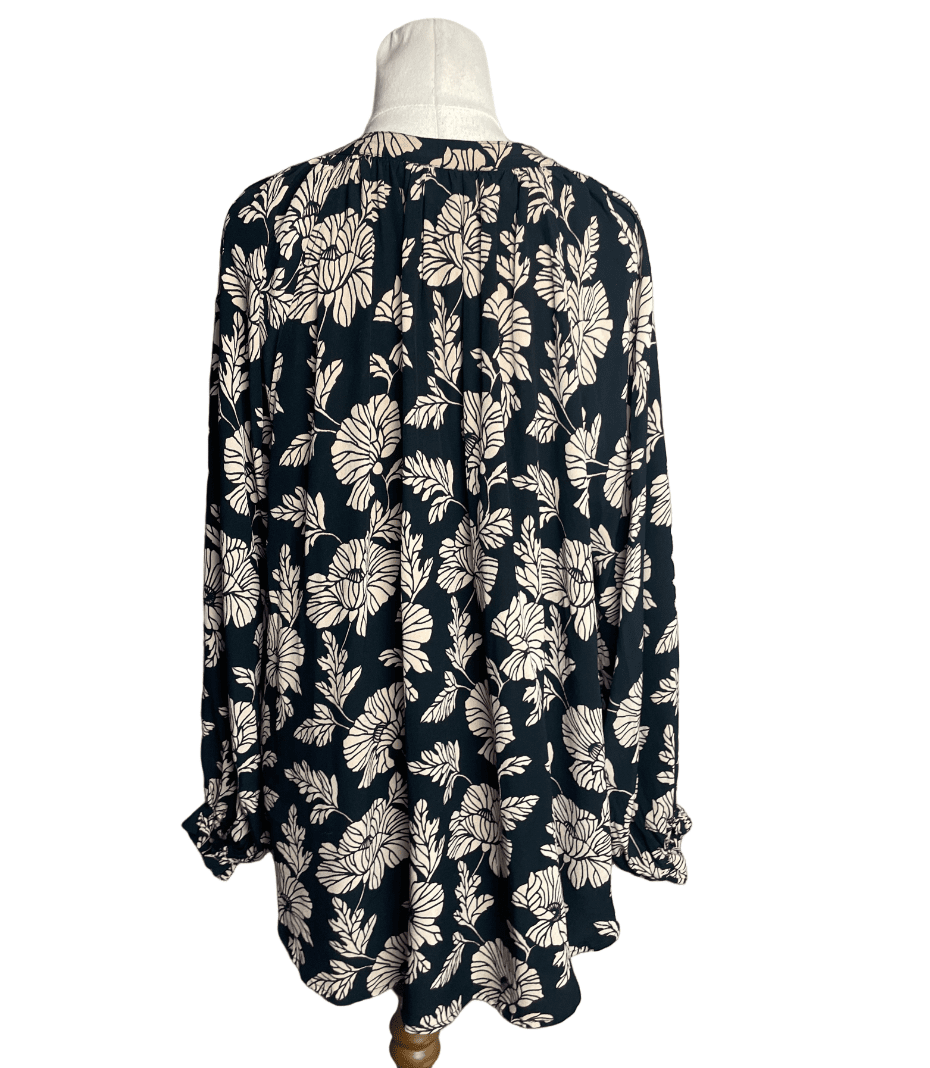 BLAK black blouse w beige floral print | size 10