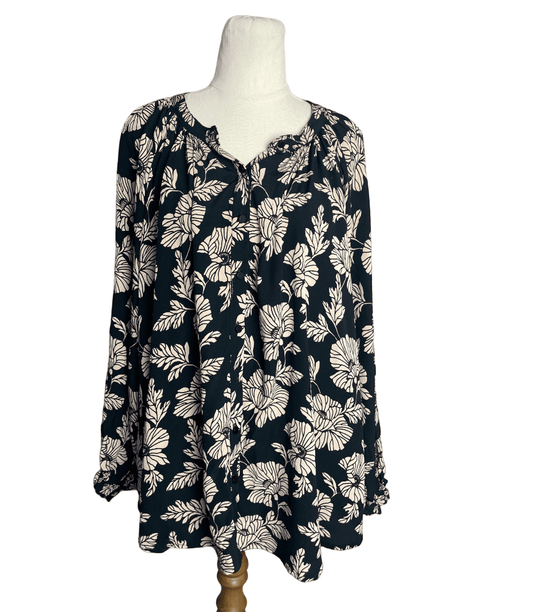 BLAK black blouse w beige floral print | size 10
