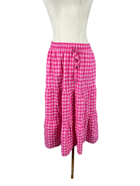 eb & ove gingham linen-blend pink midi skirt | size 6-8