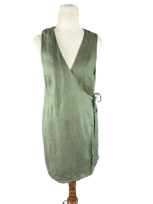 Aere olive 100% linen wrap dress | size 10