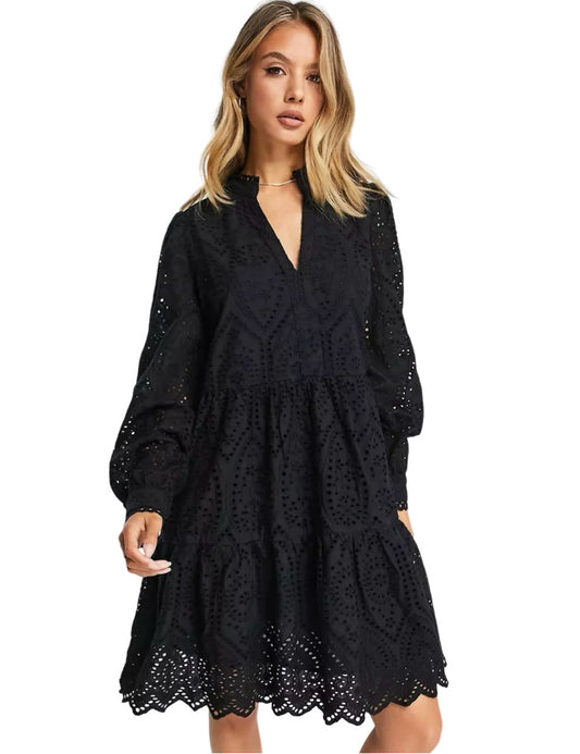 Y.A.S cotton broderie mini dress in black | size 12-14