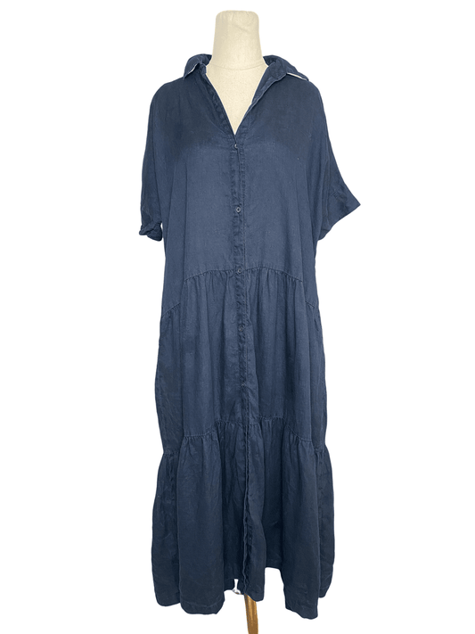 Assembly Label navy tiered shirt linen dress | size 8-10
