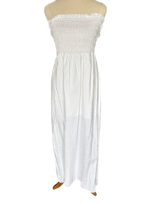 Subtitled cotton + linen sleeveless dress | size 6-8