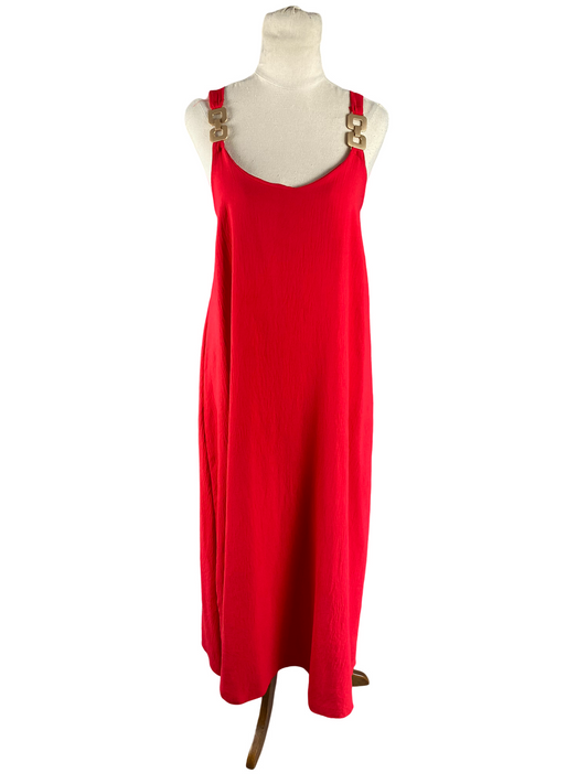Red midi dress with gold buckle straps | size 12
