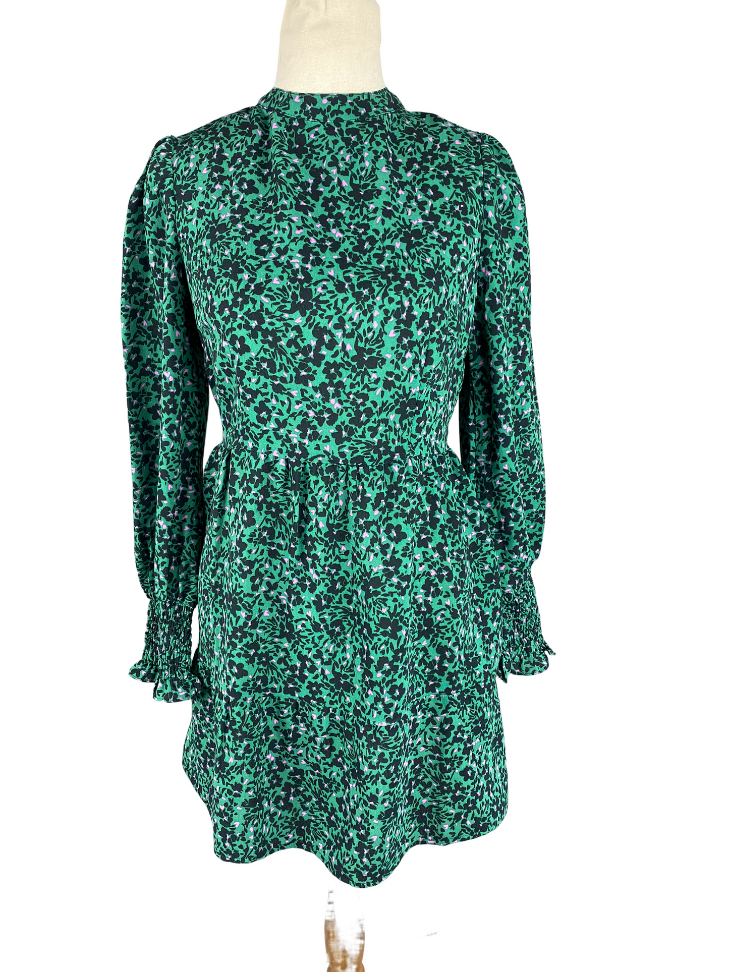 BNWT - Dorothy Perkins Petite Green Ditsy Shirred Cuff Mini Dress | size 10