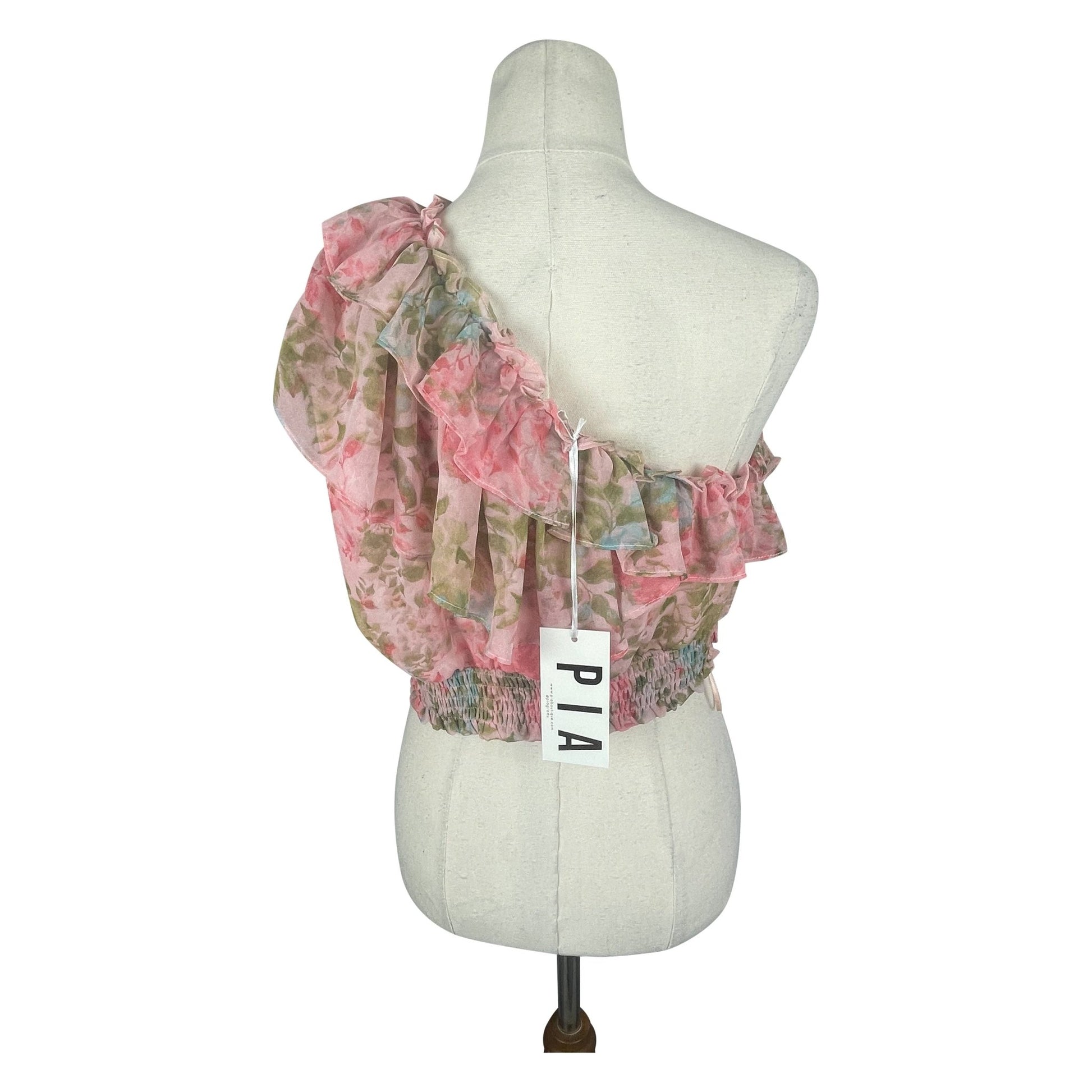 NEW - Pia pink one shoulder crop top w green floral print | size 12-14 | RRP $89
