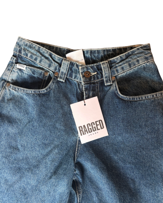 BNWT Ragged Jeans wide leg sweeper jean in mid-blue | size 24 RRP $200