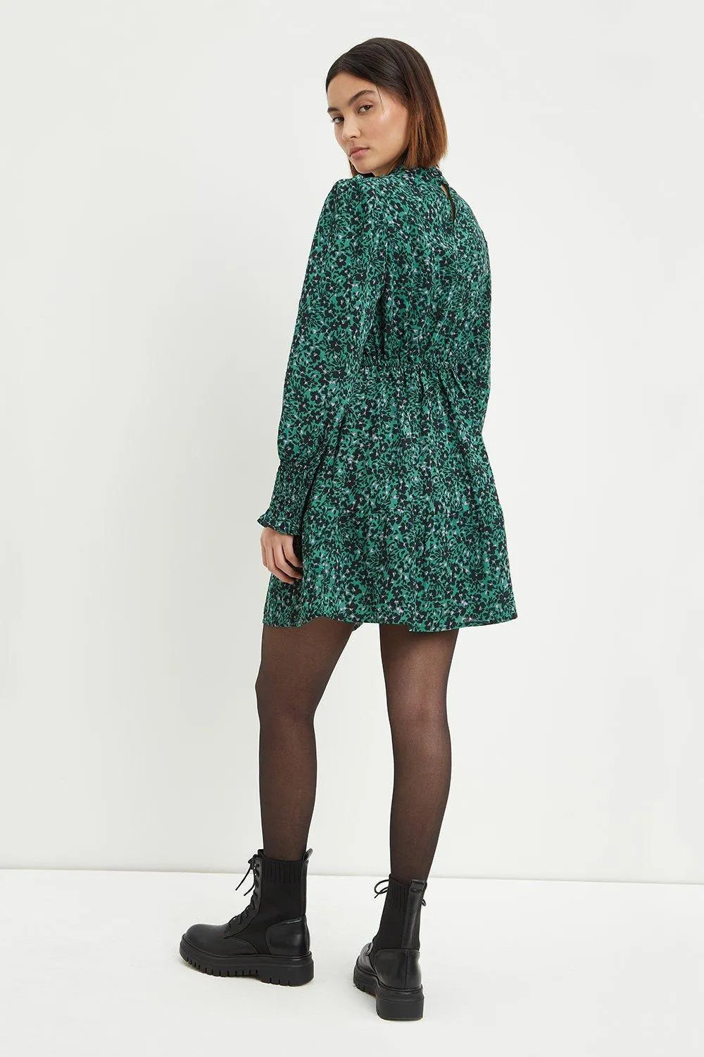 BNWT - Dorothy Perkins Petite Green Ditsy Shirred Cuff Mini Dress | size 10