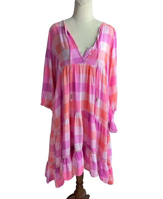 Vine Apparel pink and orange gingham shirt dress | size 10-12