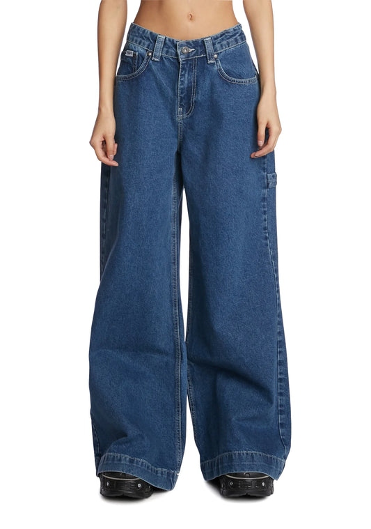 BNWT Ragged Jeans wide leg sweeper jean in mid-blue | size 24 RRP $200