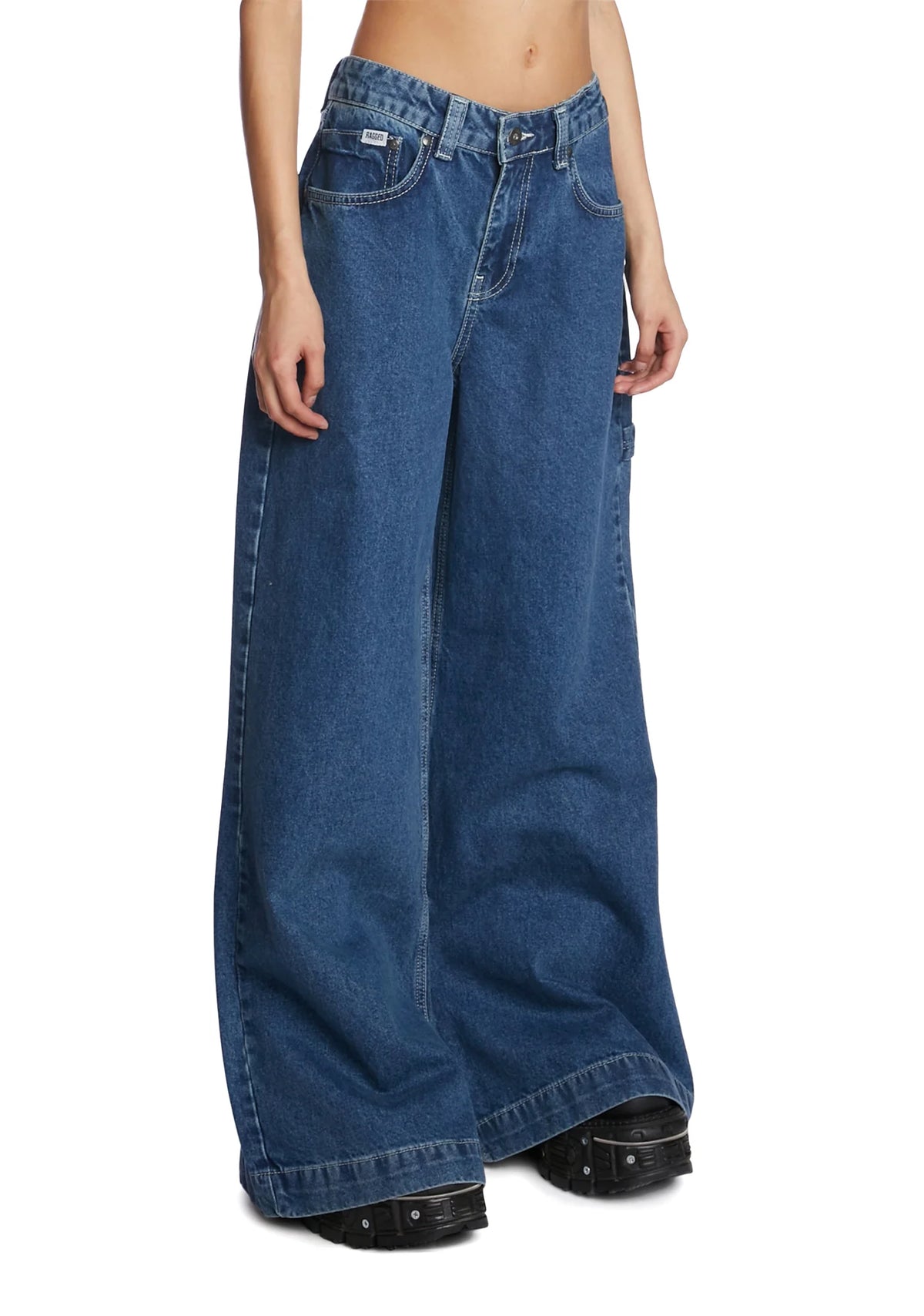 BNWT Ragged Jeans wide leg sweeper jean in mid-blue | size 24 RRP $200